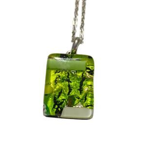 Handcrafted Fused Glass Pendant Necklace: Green Blue Iridescent Dichroic Jewelry